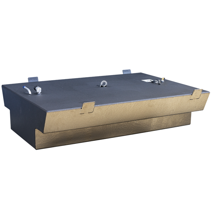 A black OEM replacement belly fuel tank designed for a Century 26 model from 1996, with a net capacity of 134 gallons. The tank is rectangular with an extended notch along one side and features multiple fittings and lifting tabs on the top surface. The textured surface is highlighted by natural lighting, and the tank is displayed against a transparent background
