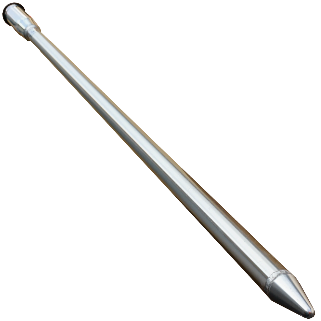 A long, shiny silver sandbar spike with a pointed tip and a rounded end, designed for anchoring or securing items in sandy environments. The spike has a smooth surface and a sleek, streamlined shape