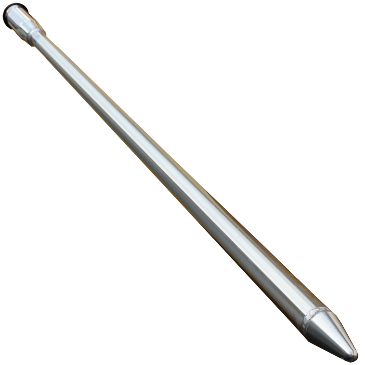 A long, shiny silver sandbar spike with a pointed tip and a rounded end, designed for anchoring or securing items in sandy environments. The spike has a smooth surface and a sleek, streamlined shape