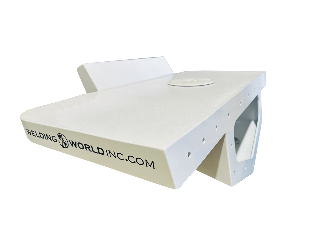 A high-angle, three-quarter perspective view of a white, powder-coated Scarab Sportster 26 1994 engine bracket. The image highlights a wide top platform with a circular access hatch, a deep V-shaped flotation chamber with pre-drilled transom mounting holes, and the 'WELDINGWORLDINC.COM' logo printed on the side edge