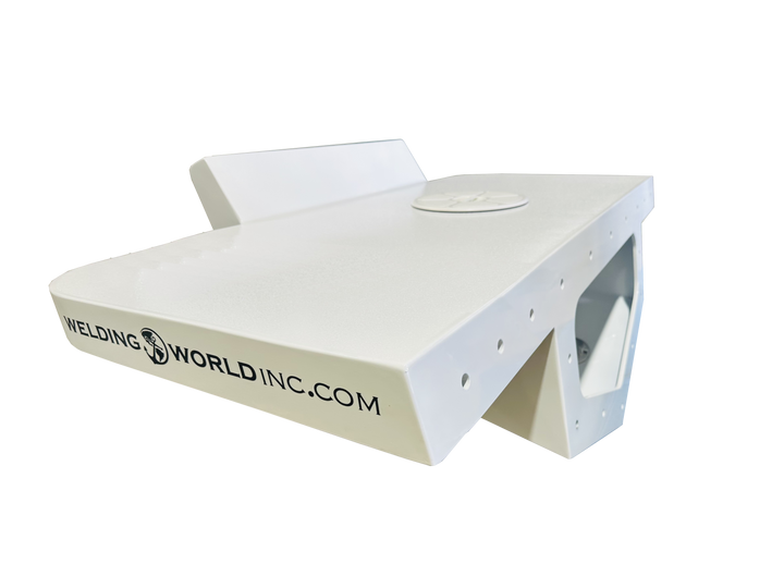 A high-angle, three-quarter perspective view of a white, powder-coated Scarab Sportster 26 1994 engine bracket. The image highlights a wide top platform with a circular access hatch, a deep V-shaped flotation chamber with pre-drilled transom mounting holes, and the 'WELDINGWORLDINC.COM' logo printed on the side edge