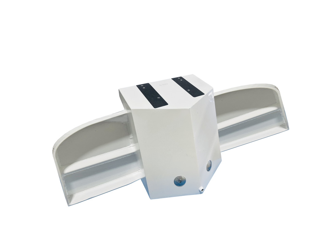 "A photograph of the underside and rear of the white Scarab Sportster engine bracket, showing the internal structural supports of the swim platform. The central flotation box features two circular zinc anodes and a drain plug at the bottom point. Two black non-skid strips are visible on the top engine mounting surface."