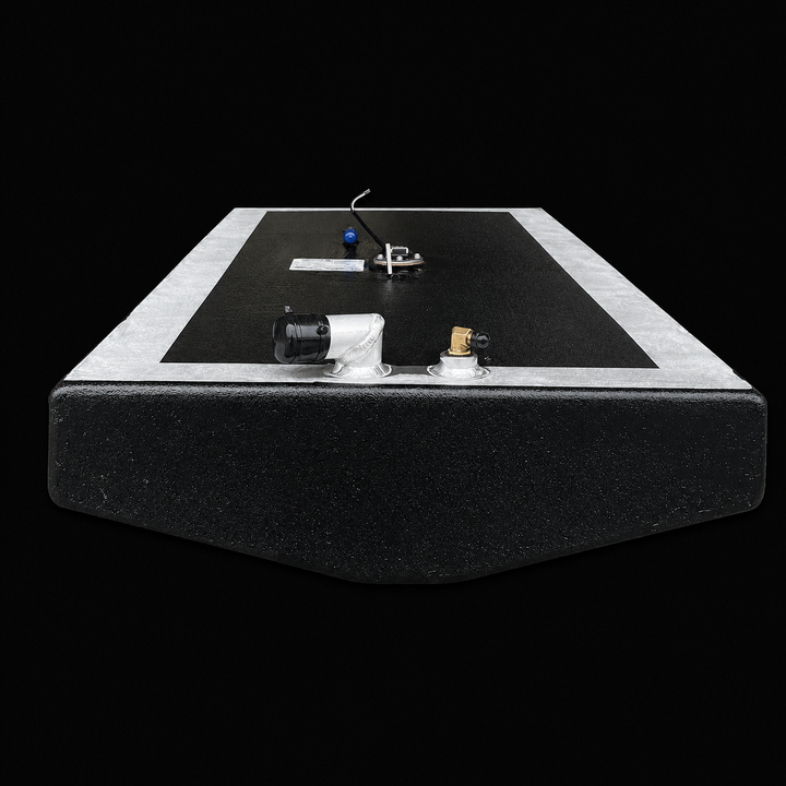 A straight-on end elevation profile view showcasing the low-profile, slightly tapered bottom profile of a black Scout 16 replacement marine fuel tank. This perspective details how the lower hull panels incline slightly toward a shallow center keel point, engineered by Welding World to align perfectly within the vessel's tight central bilge cavity. Precision-fabricated from heavy-gauge marine-grade 5052-H32 aluminum, the 32-gallon fuel cell is protected by a textured, anti-corrosive black TarGard epoxy finis