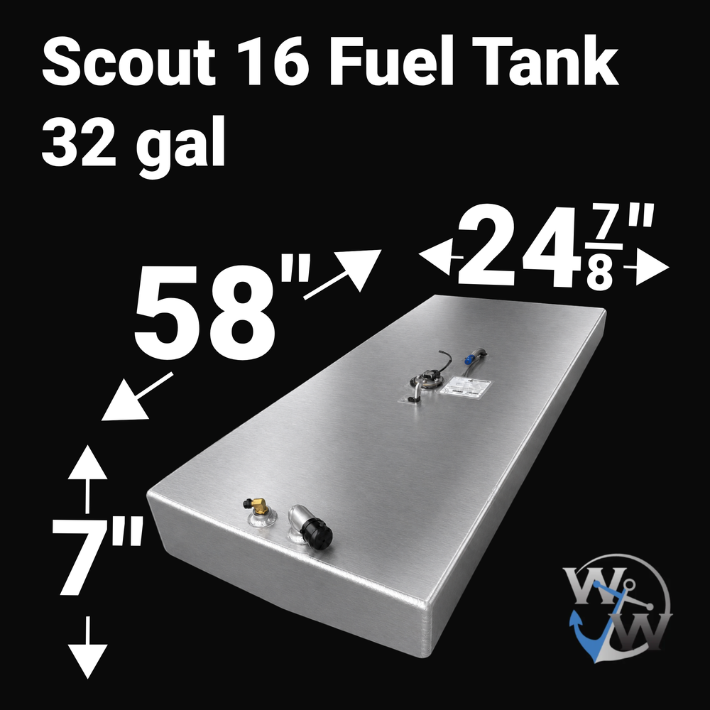 Dimensional technical diagram for a raw aluminum Scout 16 replacement marine fuel tank featuring a 32-gallon design. The graphic displays precise technical specifications with measurements of 58" length, 24 7/8" width, and 7" height, showcasing a low-profile rectangular profile engineered to seat flush within the vessel's tight factory bilge cavity. The top deck displays an unsealed variant layout featuring a decentralized mechanical hardware configuration, containing an angled fuel fill neck with a protect