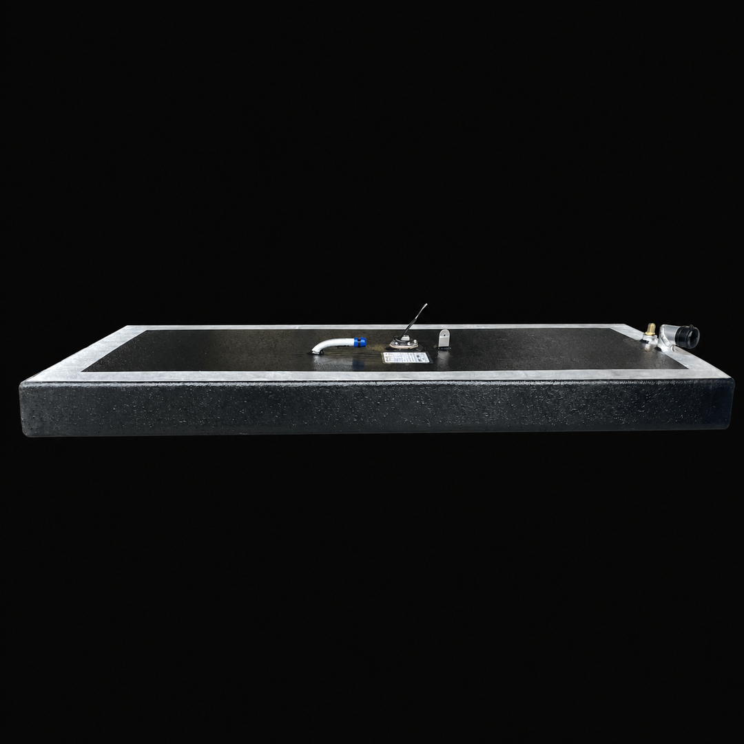 A full side-elevation perspective view of a low-profile rectangular black Scout 16 replacement marine fuel tank isolated against a solid black background. This 32-gallon capacity center-hull fuel cell is precision-fabricated by Welding World from heavy-gauge marine-grade 5052-H32 aluminum, showcasing a slim 7" depth designed to fit within tight factory bilge compartments. The structure features a semi-encapsulated design with a protective, textured black TarGard epoxy finish across the main surfaces while r