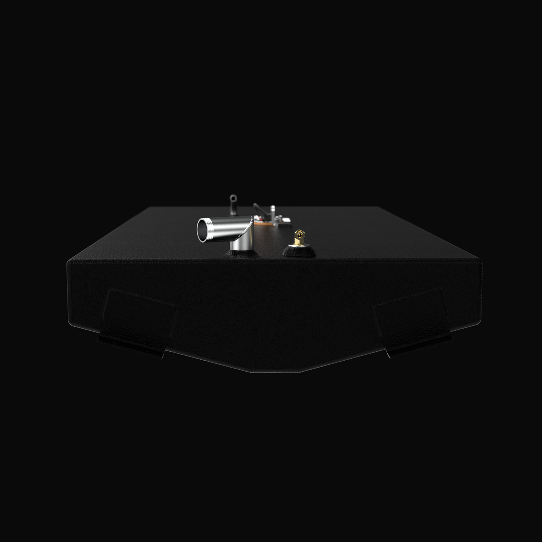 A studio low-angle perspective view displaying the deck fittings and stepped bottom hull contour of a physical, finished black encapsulated Scout 175 OEM replacement marine fuel tank (30 gal) from file image_c31c3f.jpg, isolated against a dark background. Precision-fabricated from heavy-gauge marine-grade aluminum, the compact rectangular tank body is fully encapsulated in a protective, textured black TarGard epoxy coating to resist severe saltwater pitting and bilge moisture decay. Top deck hardware config