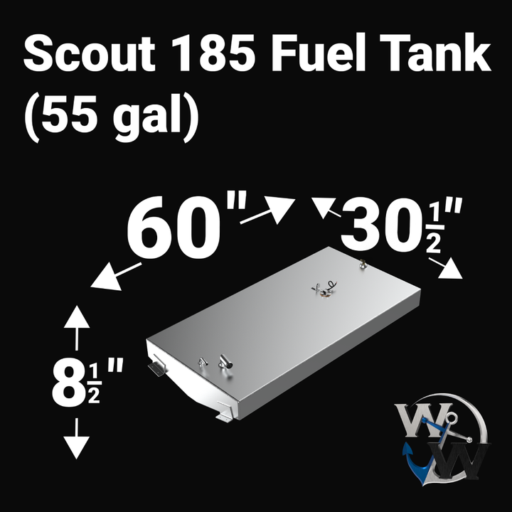 A studio engineering perspective diagram showing the precise dimensions of a Scout 185 replacement marine fuel tank (55 gal) from file image_3039d6.png against a black background. Fabricated by Welding World, the tank features a stepped bottom contour with labeled measurements indicating a length of 60 inches, a width of 30 1/2 inches, and a height of 8 1/2 inches. The top deck layout highlights pre-configured fittings, fill necks, venting, grounding points, and electronic sending units custom-engineered fo