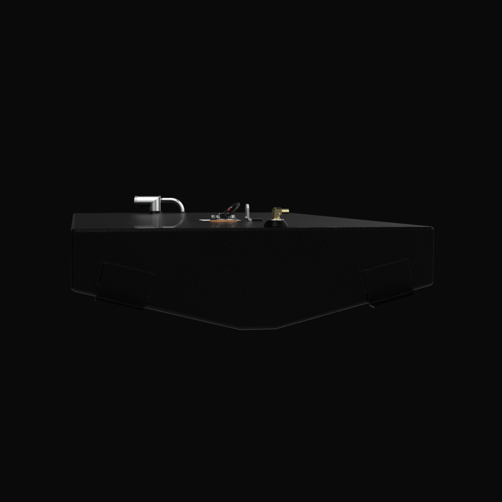 A studio low-angle perspective view displaying the bottom hull contour, welded mounting tabs, and top deck fittings of a finished, black TarGard epoxy-coated Scout 185 replacement marine fuel tank (55 gal) from file image_30ae91.png against a solid black background. Fabricated by Welding World in Miami, FL from heavy-gauge marine-grade aluminum, the tank body is fully encapsulated in a textured protective coating to prevent saltwater pitting and bilge moisture corrosion, engineered for a 100% direct drop-in