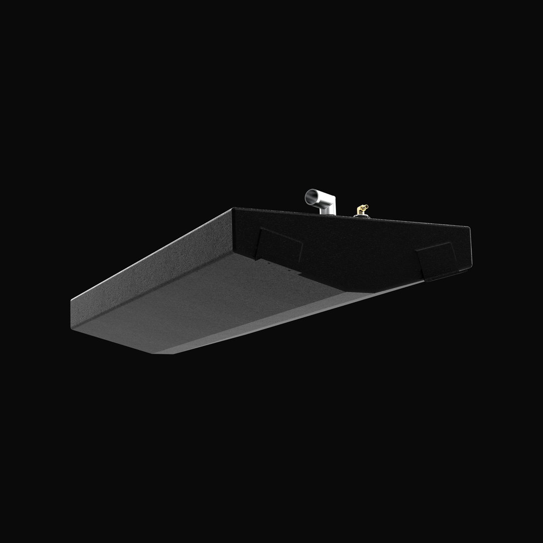 A studio low-angle perspective view showcasing the bottom hull contour, welded mounting tabs, and top deck fittings of a physical, finished black encapsulated Scout 350 LXF triple-engine replacement marine fuel tank (360 gal) from file image_c32787.jpg against a solid black background. Fabricated by Welding World in Miami, FL from heavy-gauge marine-grade aluminum, the large tank body is coated in a durable, textured black TarGard epoxy to protect against severe saltwater corrosion and bilge moisture. Top d