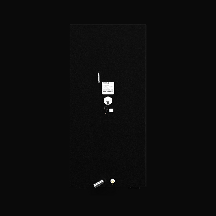A studio top-down flat-lay view showcasing the upper deck surface, fittings layout, and official compliance specification plate of a finished, black TarGard-coated Scout 350 LXF triple-engine replacement marine fuel tank (360 gal) from file image_c32b21.jpg against a dark background. Fabricated by Welding World in Miami, FL from heavy-duty marine-grade aluminum, the large rectangular layout prominently displays the central manufacturer certification label, fuel fill necks, dual pickup locations, vent fittin