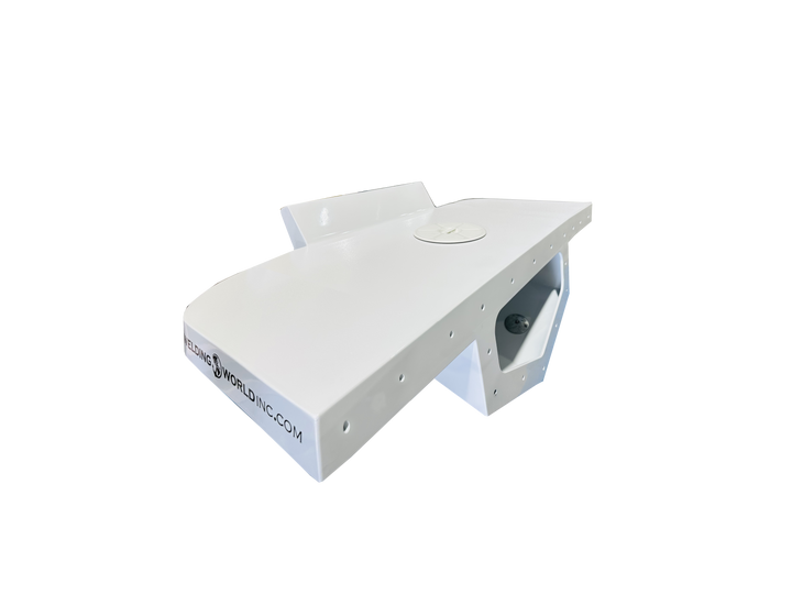 "High-angle, three-quarter perspective shot of a white, high-gloss powder-coated Scarab Sportster engine bracket against a transparent background. This view highlights the wide top platform with a circular access hatch and the integrated flotation chamber below. The mounting flange features a series of pre-drilled holes for transom installation, and 'WELDINGWORLDINC.COM' is printed on the side edge."