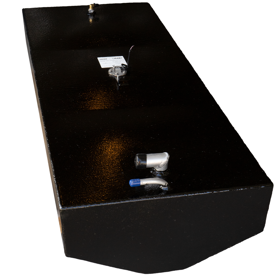 Black belly fuel tank showing the fuel line connections and a fuel sending unit on a checkered background