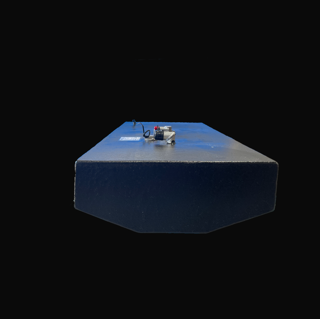 A rear-perspective view of a 58-gallon Sea Hunt 22 (2013) replacement fuel tank highlighting its precision-welded construction and textured black Coal Tar Epoxy finish. This heavy-duty marine-grade .125" aluminum tank is engineered with a specialized tapered bottom to match the original hull contour. It features top-mounted fuel pickups and an integrated sender, providing a guaranteed 100% OEM replacement for reliable offshore performance.
