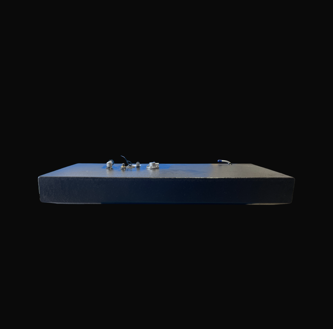 A long-profile side view of a 58-gallon Sea Hunt 22 (2013) replacement fuel tank featuring a high-durability black Coal Tar Epoxy finish. This heavy-duty marine-grade .125" aluminum tank is precision-welded with top-mounted 316 stainless steel fuel fittings and an integrated sending unit. Engineered as an exact OEM replacement for a guaranteed 100% drop-in fit, it provides superior corrosion resistance for long-term offshore use.c