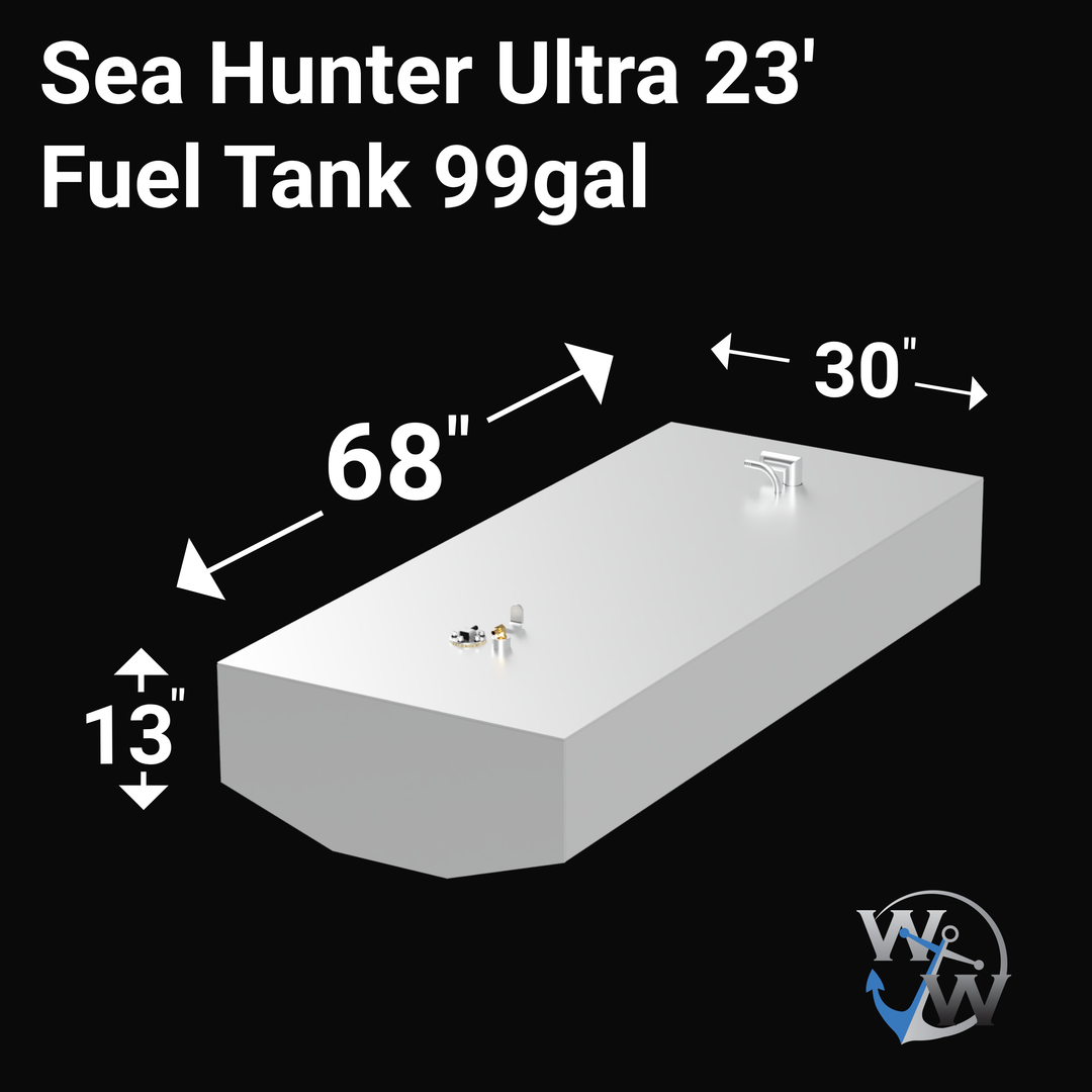 Intended for a 99-gallon fuel tank designed for a Sea Hunter Ultra 23' boat. These tanks are typically constructed from marine-grade aluminum (e.g., .190 or .250 inch 5052 H32 Series), possibly epoxy-coated for enhanced durability, and would be equipped with standard fittings for fuel fill, vent, engine feed, and fuel level sending unit. (Note: The image provided for this item was entirely black and did not display any visual details of the fuel tank.)