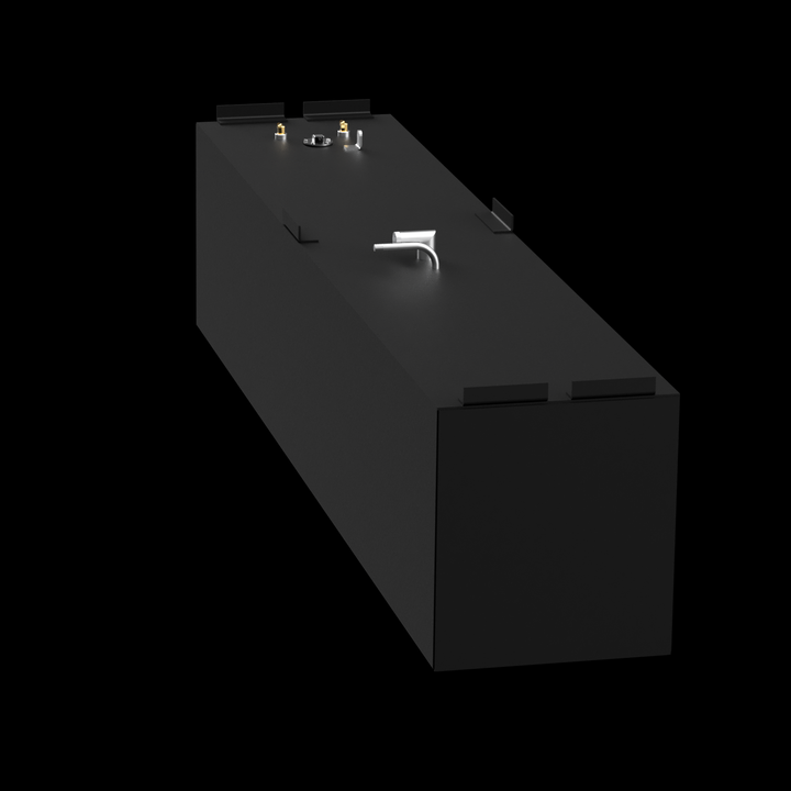 A 3D rendered black marine fuel tank is shown on a black background. The tank is rectangular with a smooth, matte finish and several mounting tabs along the top edges. It features multiple metal fittings on the top surface, including two brass fittings and a round silver port with a short curved metal pipe. The front face of the tank is flat and featureless, facing the viewer. The overall shape is a simple elongated rectangular box withcan, sharp edges

