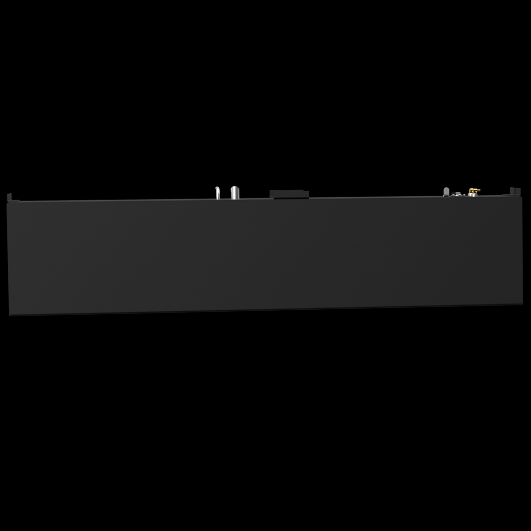 A side view of a large, rectangular marine fuel tank with a smooth black finish and clean edges. The tank has various fittings and mounts visible on its top surface, including two vertical metal pipes near one end, a round metal port, and several brass fittings and connectors towards the opposite end. The tank rests on a black background with no other objects visible