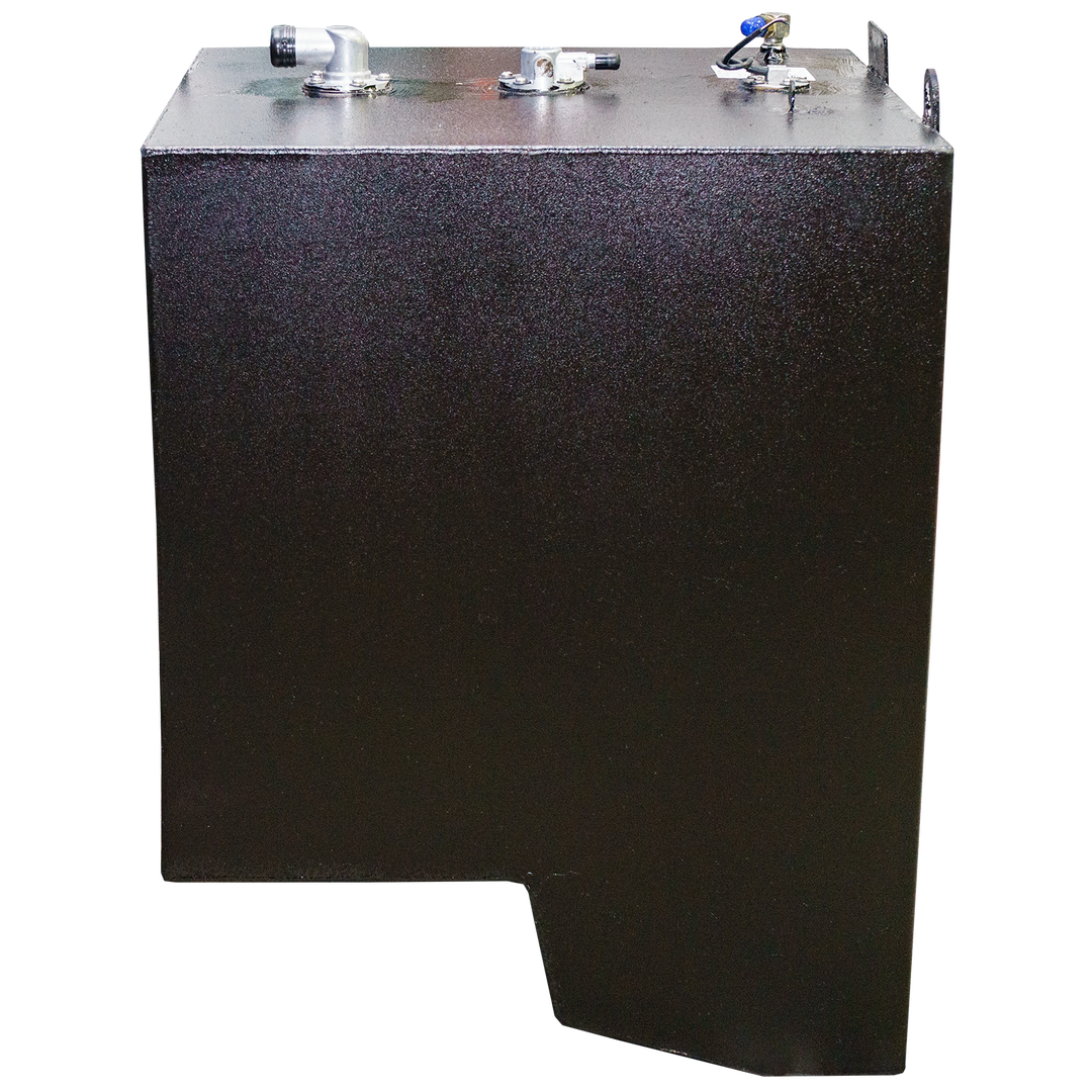 Large dark-colored industrial fuel tank with a rectangular shape, flat top, multiple metal fittings and connectors, angled metal pipe, and visible welded handles on the top surface; the bottom has a notched cutout, all shown against a transparent checkered background