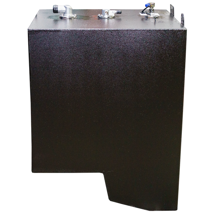 Large dark-colored industrial fuel tank with a rectangular shape, flat top, multiple metal fittings and connectors, angled metal pipe, and visible welded handles on the top surface; the bottom has a notched cutout, all shown against a transparent checkered background