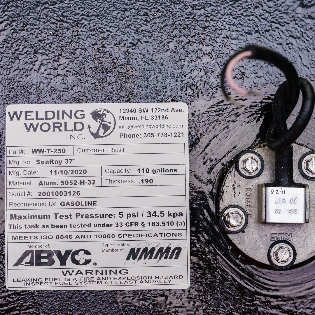 Label from a 2016 Sea Ray 37' OEM replacement fuel tank combo kit, featuring specifications such as model number WW-T-250, manufacturer details, and a warning about gasoline. The label includes a test pressure of 5 psi and compliance with ABYC and NMMA standards