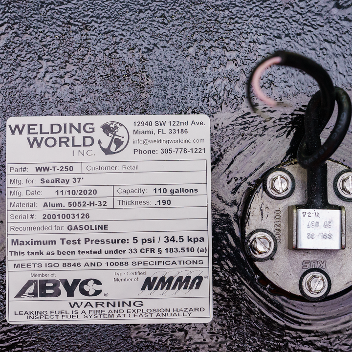 Label from a 2016 Sea Ray 37' OEM replacement fuel tank combo kit, featuring specifications such as model number WW-T-250, manufacturer details, and a warning about gasoline. The label includes a test pressure of 5 psi and compliance with ABYC and NMMA standards