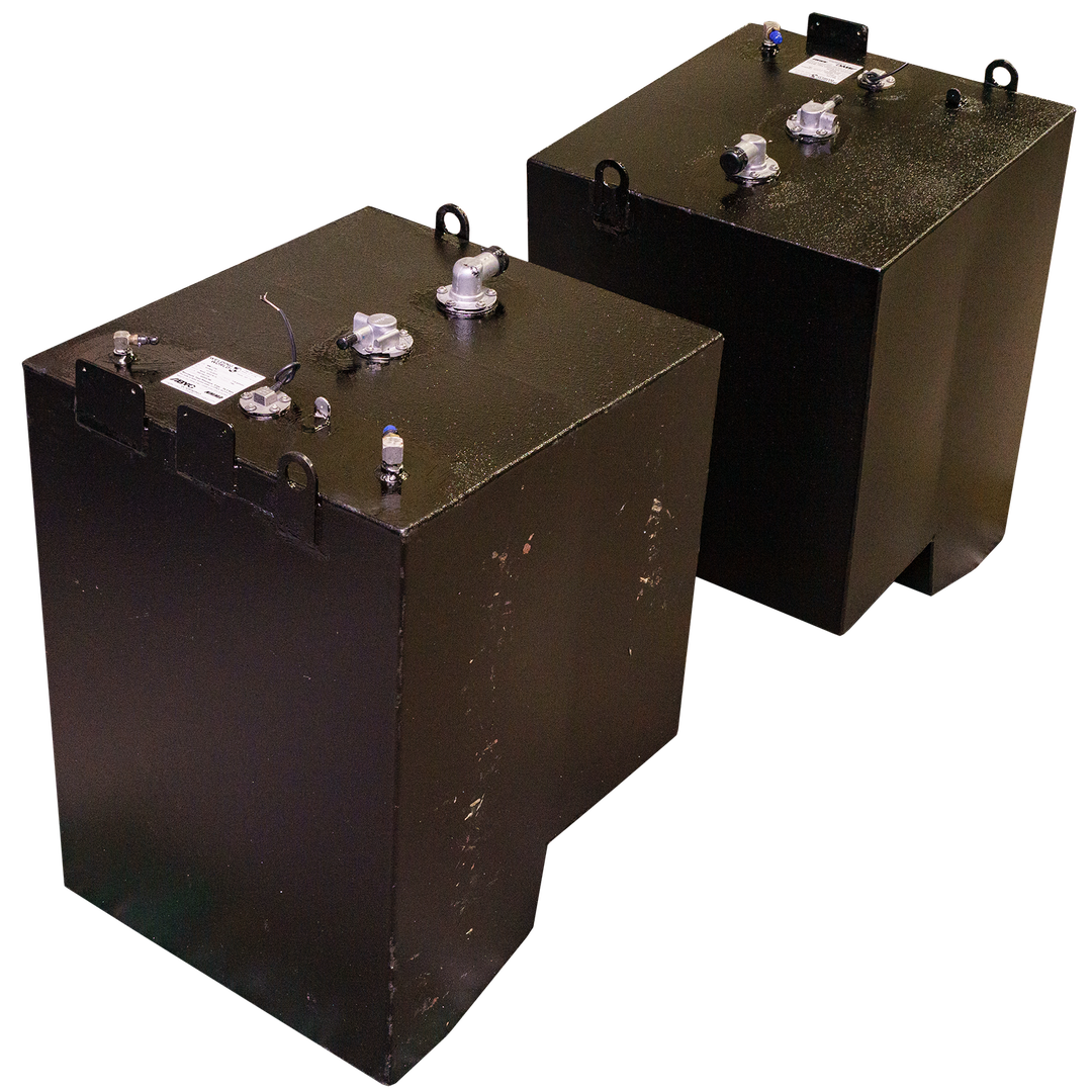 Two dark metal rectangular fuel tanks with industrial fittings and labels on the top surfaces, shown side by side on a transparent background. These are OEM replacement tanks designed for a Sea Ray 37' (2016) with a combined 113-gallon capacity