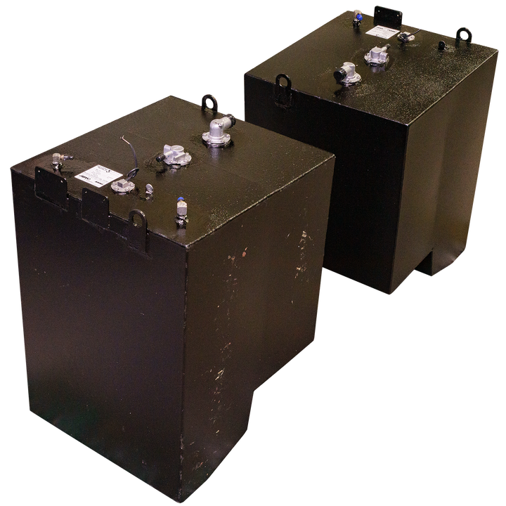 Two dark metal rectangular fuel tanks with industrial fittings and labels on the top surfaces, shown side by side on a transparent background. These are OEM replacement tanks designed for a Sea Ray 37' (2016) with a combined 113-gallon capacity