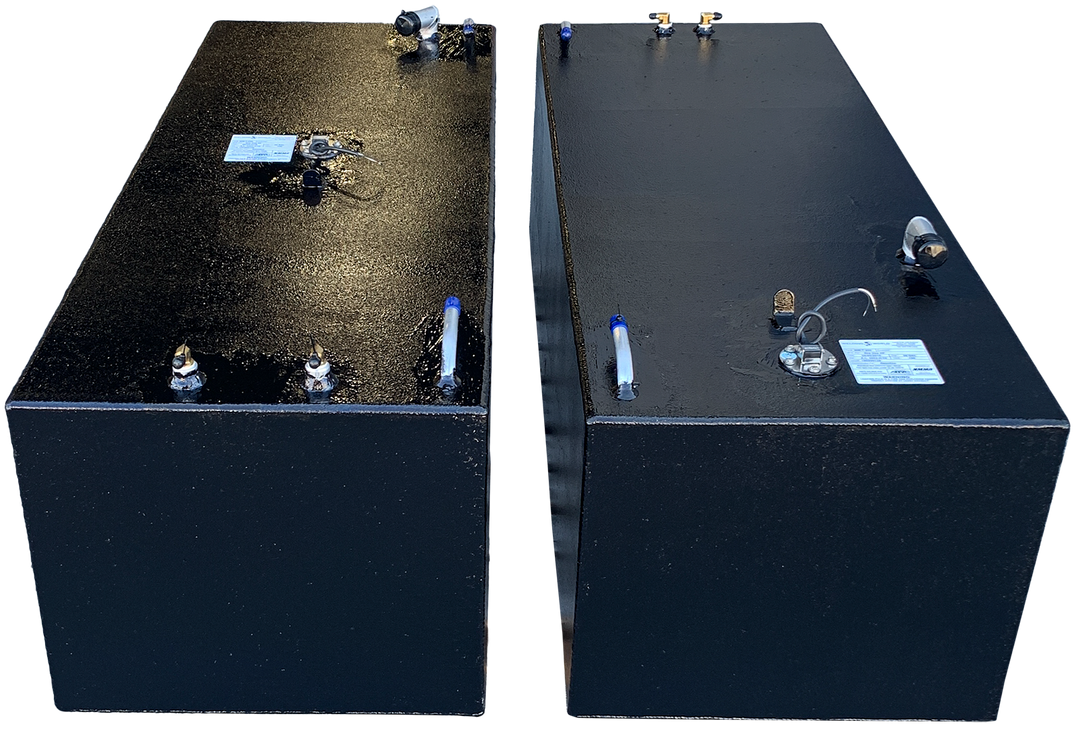 Two black OEM replacement fuel tanks for a Sea Vee 29' boat, each with a capacity of 98 gallons. The tanks feature various fittings and a label, showcasing a sleek, durable design