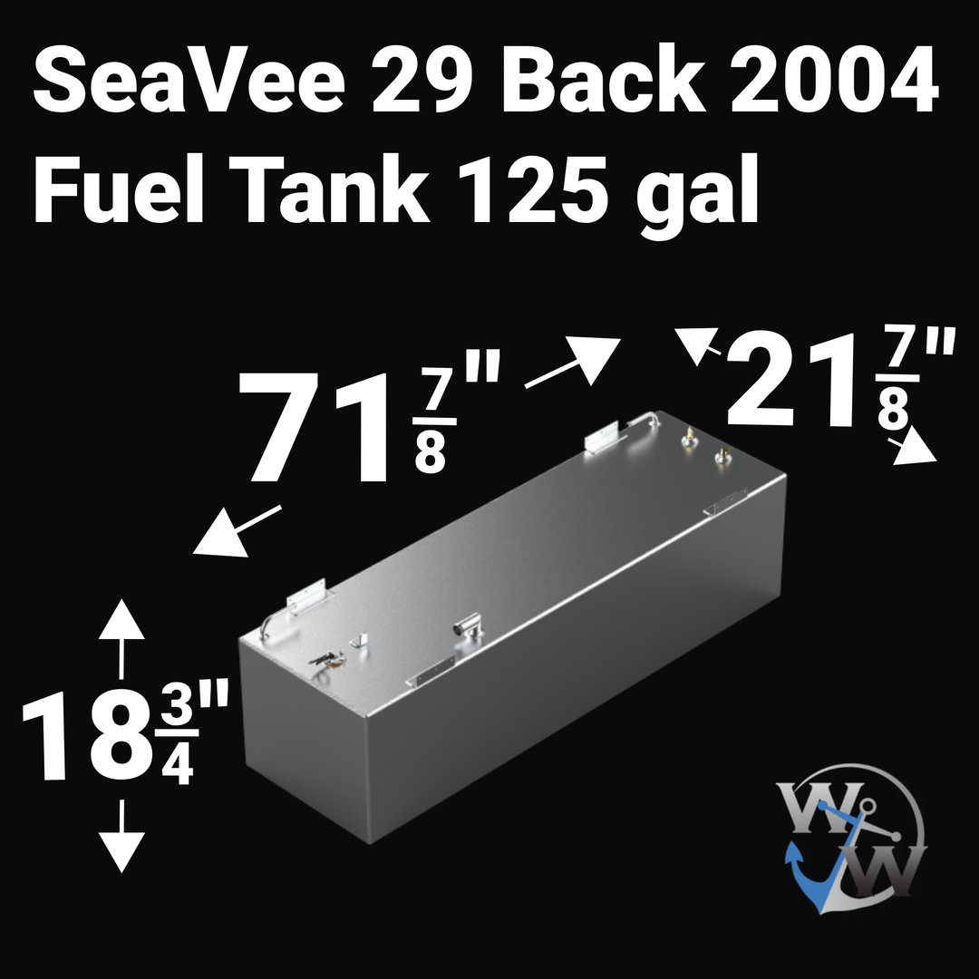Dimensional technical diagram for a raw aluminum Sea Vee 29 Back 2004 replacement marine fuel tank featuring a 125-gallon capacity. The graphic displays precise technical specifications with measurements of 71-7/8" length, 21-7/8" width, and 18-3/4" height, illustrating the long rectangular design equipped with heavy-duty mounting tabs. The top deck displays an unsealed variant layout complete with brass fuel pickups, an electronic sending unit mount, a grounding tab, and an integrated fuel fill pipe assemb