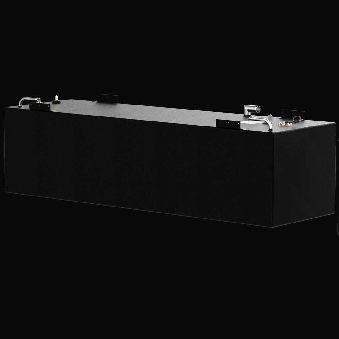 A three-quarter high-angle perspective view of a single rectangular black tank unit, detailing a Sea Vee 29 OEM replacement marine fuel tank. Masterfully constructed from heavy-gauge marine-grade 5052-H32 aluminum, the tank is completely encapsulated in a durable, textured black TarGard epoxy coating for superior corrosion protection. The clean rectangular design highlights robust mounting brackets welded along the top edges for secure installation within the vessel's hull cavity. The upper deck features pr