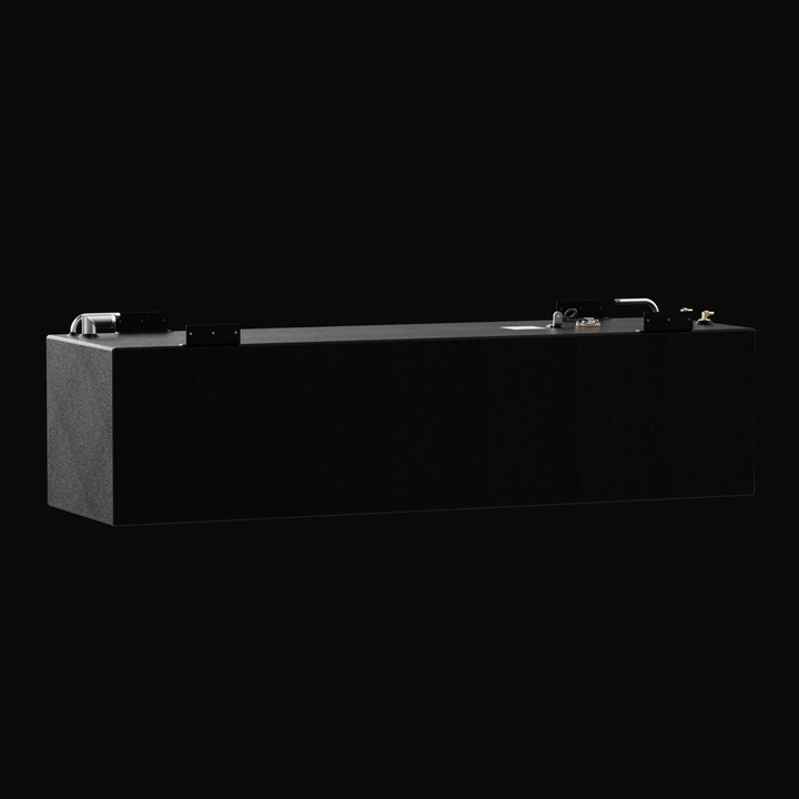 A straight-on side elevation profile view of a black rectangular tank unit, detailing a Sea Vee 29 OEM replacement marine fuel tank. Masterfully constructed from heavy-gauge marine-grade 5052-H32 aluminum, the tank is completely encapsulated in a durable, textured black TarGard epoxy coating for superior corrosion protection. The clean horizontal profile highlights the flat-bottom geometry and multiple robust mounting brackets welded along the top edges to secure the unit within the vessel's center console 