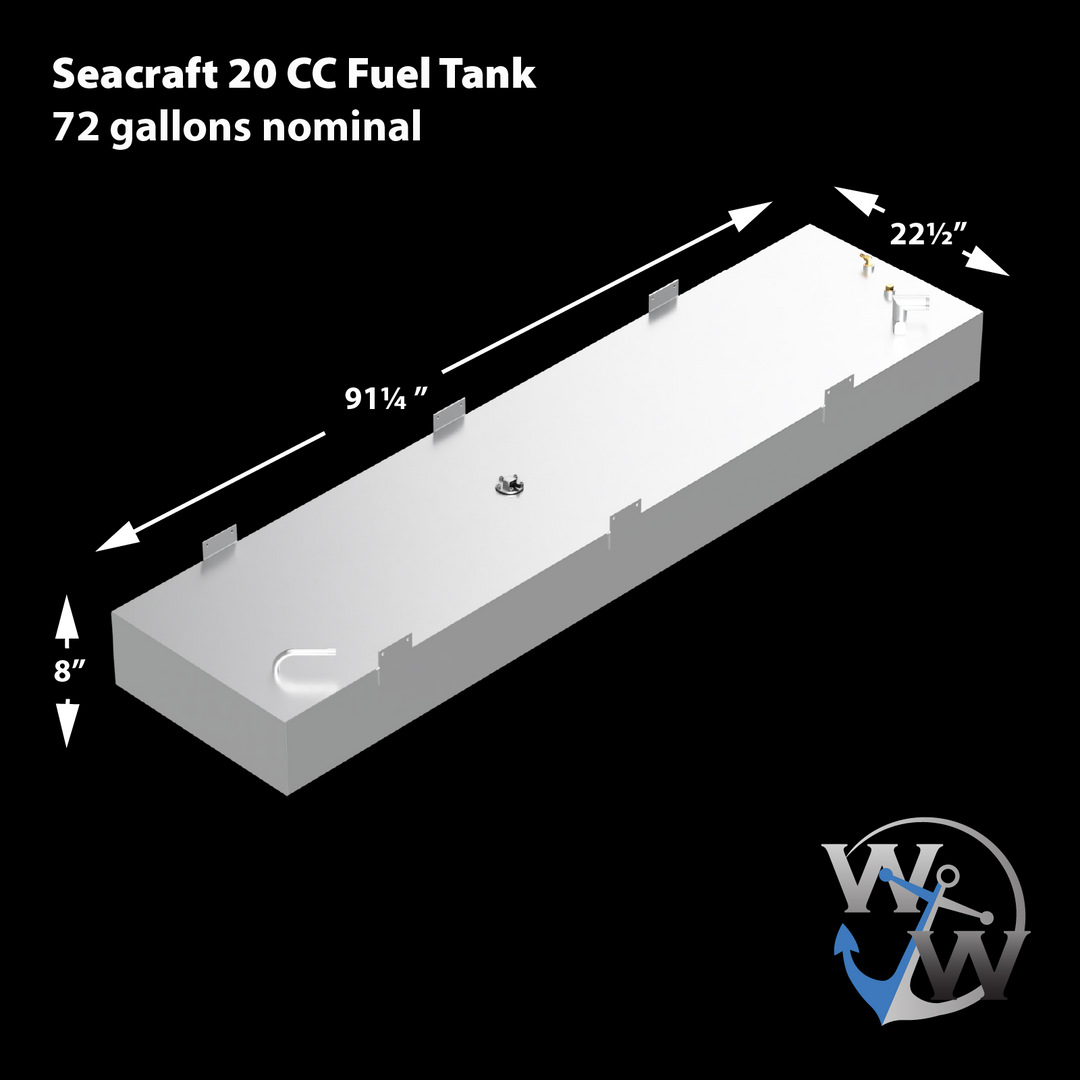 Diagram of a 1978 SeaCraft 20' OEM replacement fuel tank, measuring 91¼ inches in length, 22½ inches in width, and 8 inches in height, with a nominal capacity of 72 gallons
