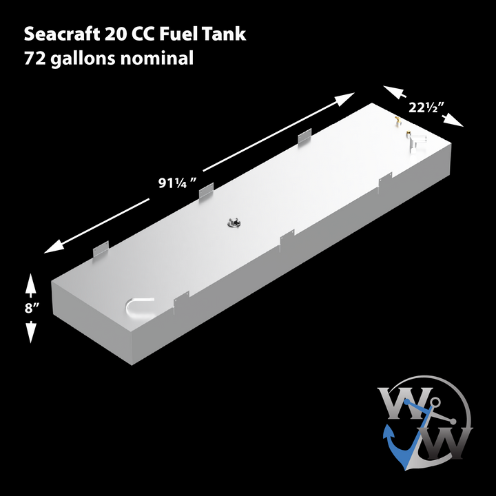 Diagram of a 1978 SeaCraft 20' OEM replacement fuel tank, measuring 91¼ inches in length, 22½ inches in width, and 8 inches in height, with a nominal capacity of 72 gallons
