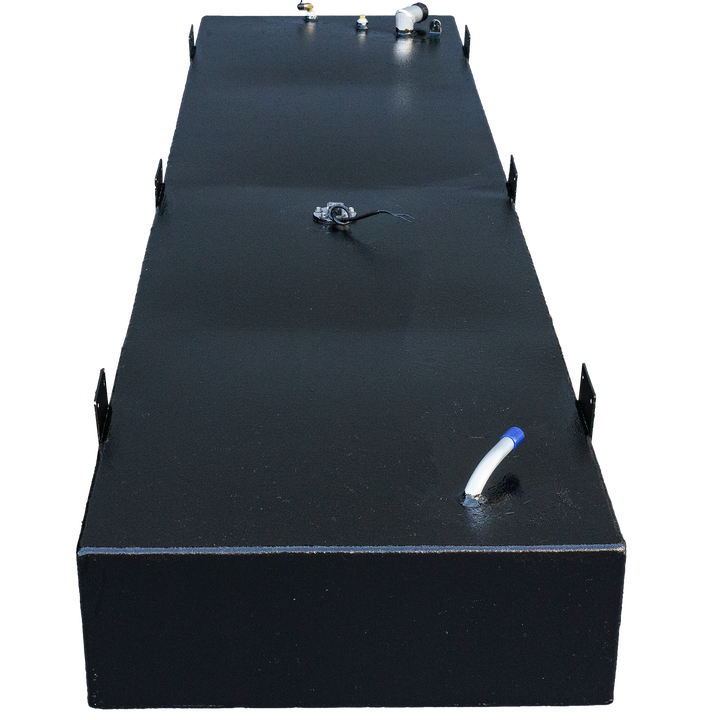 OEM replacement fuel tank for a 1978 SeaCraft 20-foot boat, featuring a sleek black design with a fuel line and vent fitting on one end