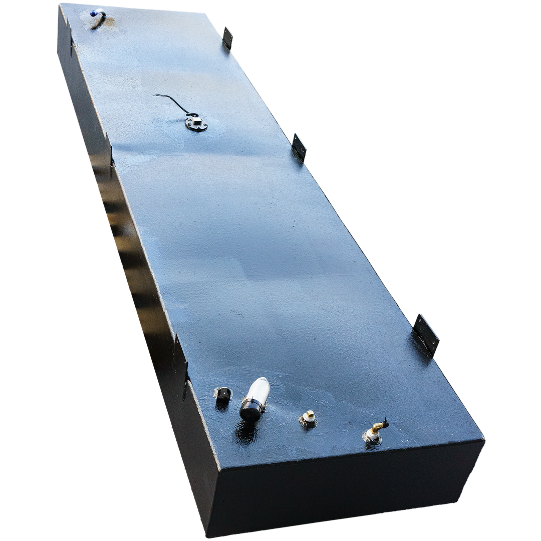 OEM replacement fuel tank for a 1978 SeaCraft 20-foot boat, featuring a sleek black design with multiple fittings and a fuel sender unit