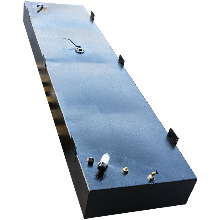 OEM replacement fuel tank for a 1978 SeaCraft 20-foot boat, featuring a sleek black design with multiple fittings and a fuel sender unit