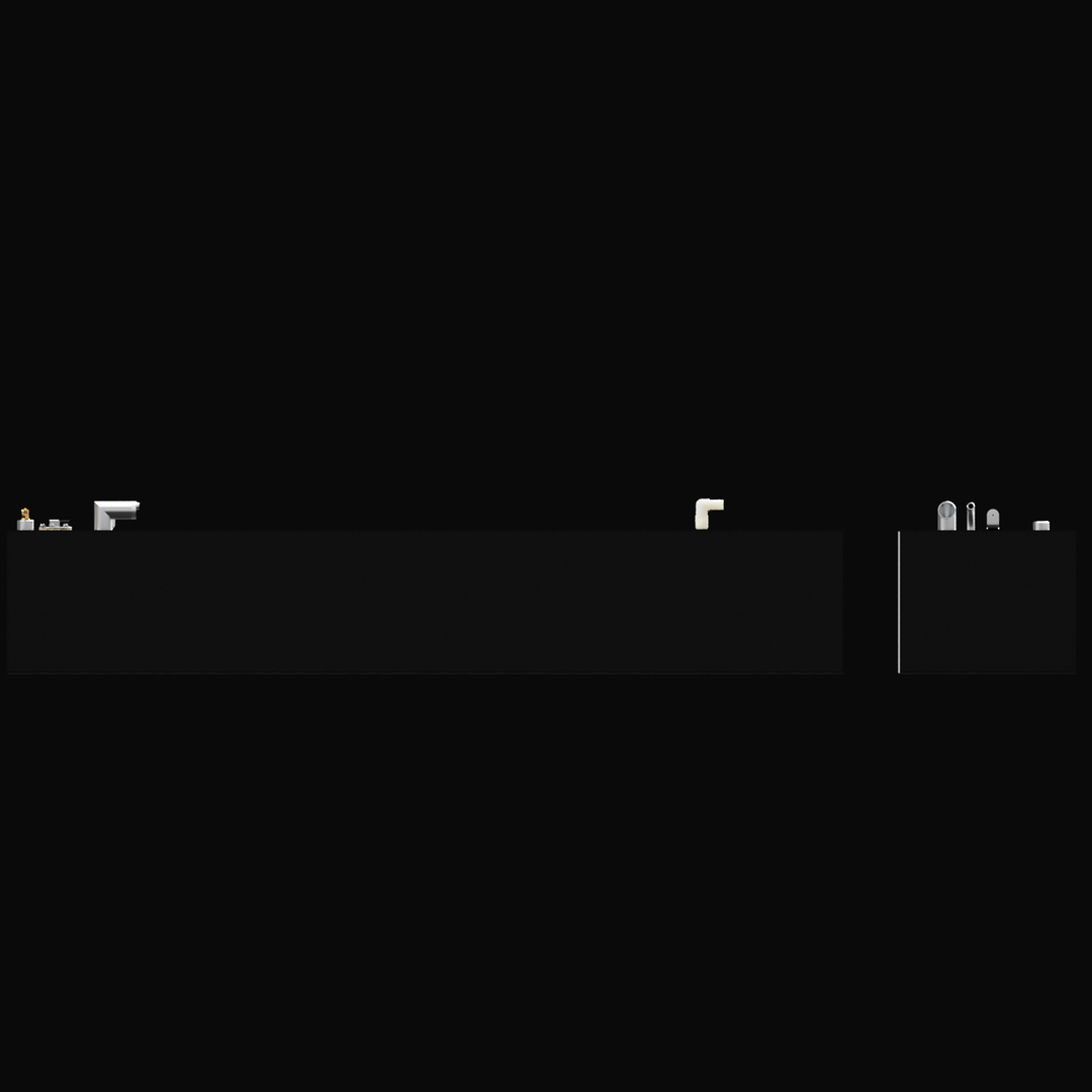 A 3D render showing a side profile of a dark grey, two-part boat tank system. The various silver and brass-colored fittings on the top surfaces are visible against the black background.