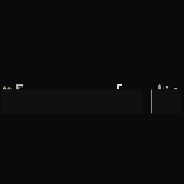 A 3D render showing a side profile of a dark grey, two-part boat tank system. The various silver and brass-colored fittings on the top surfaces are visible against the black background.