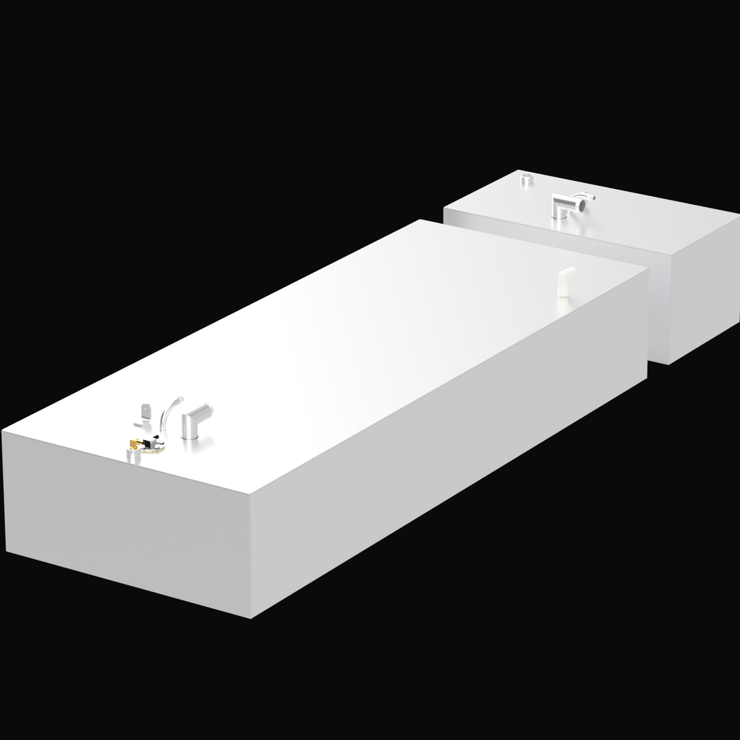 A 3D render of a white, two-part boat tank system, showing a large rectangular fuel tank and a smaller water tank. Both tanks have various silver, brass, and white-colored fittings on top and are angled against a black background.