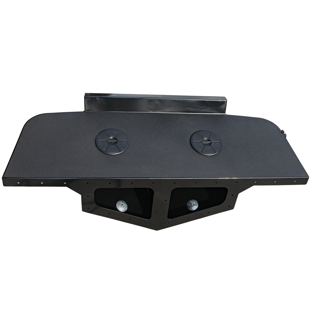 A black, high flotation twin engine bracket designed for a 1974 Seacraft 23' boat, featuring two circular mounting plates and a sleek, streamlined shape.