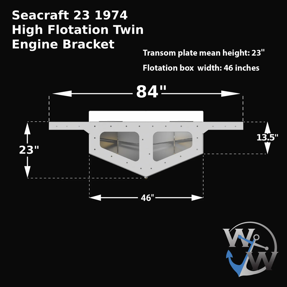 Diagram of a Seacraft 23' 1974 High Flotation Twin Engine Bracket, featuring dimensions: transom plate height of 23 inches, flotation box width of 46 inches, and overall width of 84 inches, with a height of 13.5 inches