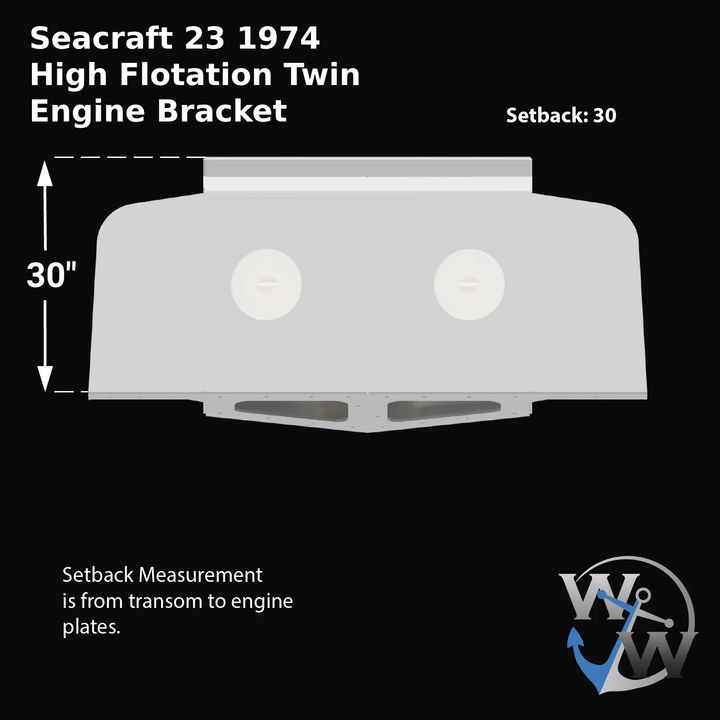 Diagram of a Seacraft 23' 1974 High Flotation Twin Engine Bracket, featuring a top view with dimensions indicating a 30-inch setback from the transom to the engine plates