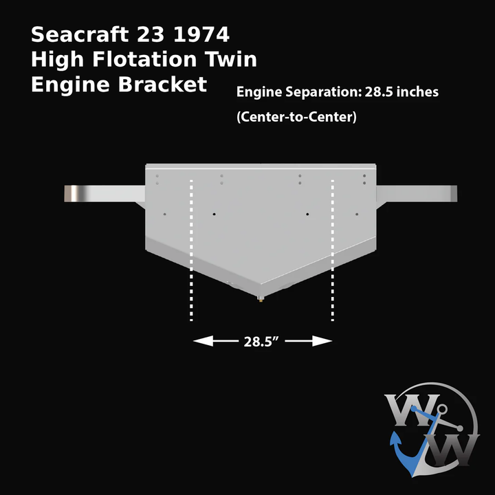 Diagram of a Seacraft 23' 1974 High Flotation Twin Engine Bracket, featuring a central view with dimensions. The engine separation is indicated as 28.5 inches from center to center, with arrows pointing to the measurement