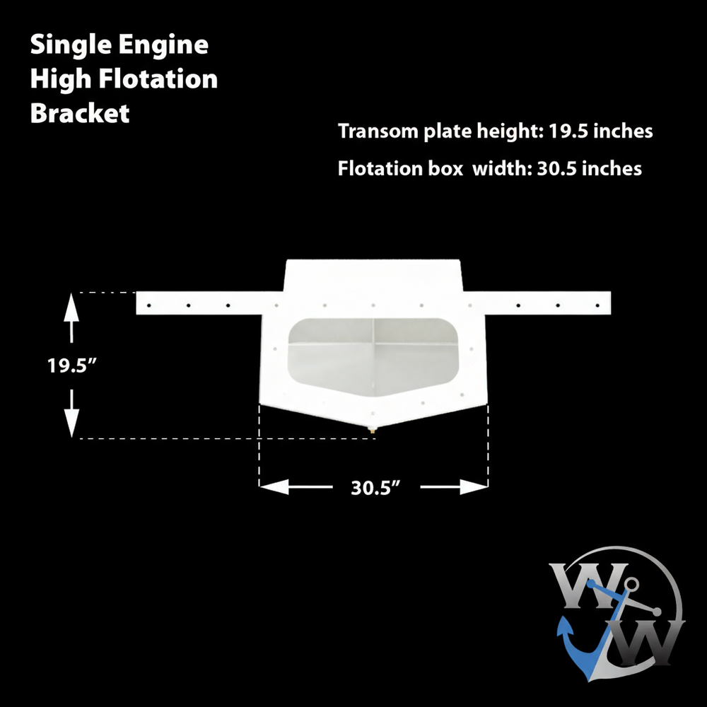 Diagram of a Seacraft 23 1977 Enclosed Transom High Flotation Single Engine Bracket, featuring dimensions for the transom plate height (19.5 inches) and flotation box width (30.5 inches), with a total airbox volume of 54 gallons