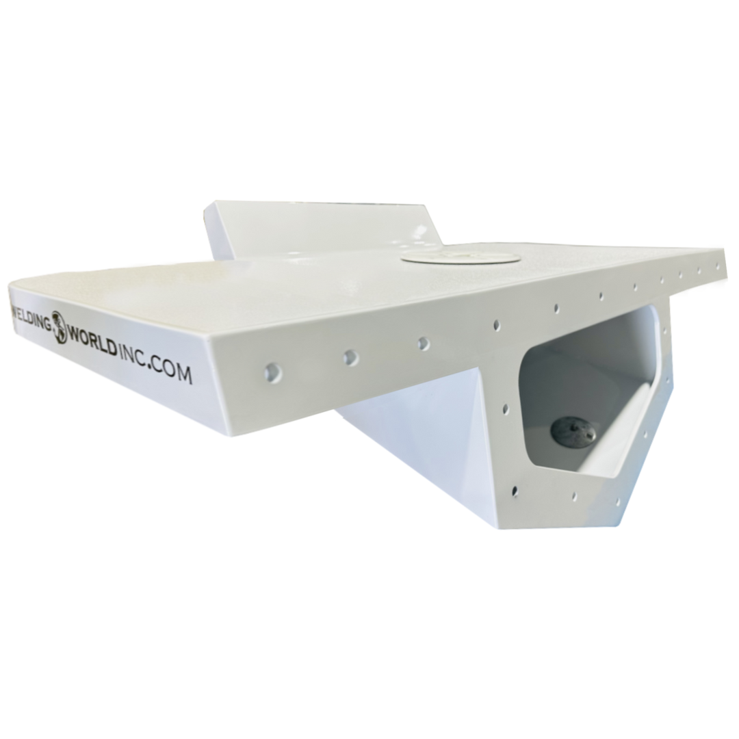 A picture of a Seacraft 23 1977 Enclosed Transom High Flotation Single Engine Bracket, featuring a sleek white design with a cutout for engine mounting, displayed against a transparent background