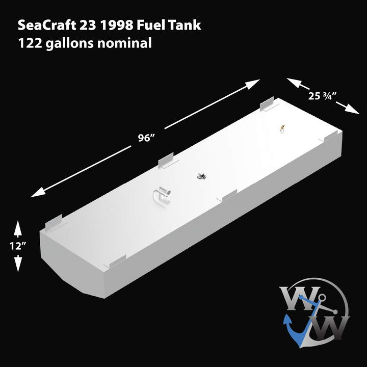 3D diagram of a SeaCraft 23 fuel tank from 1998 with a nominal capacity of 122 gallons. The tank is rectangular with beveled front corners, and white with metallic fittings and mounting brackets on top. The dimensions are shown with arrows: 96 inches long, 25 ¾ inches wide, and 12 inches high. The image includes the Welding World logo in the bottom right corner