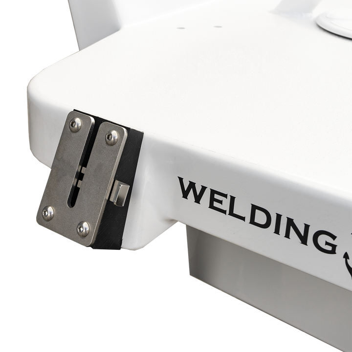 Close-up view of a Seacraft 23 twin engine high flotation bracket, showcasing a metal attachment with a sliding mechanism, labeled "WELDING WORLD INC," against a transparent background