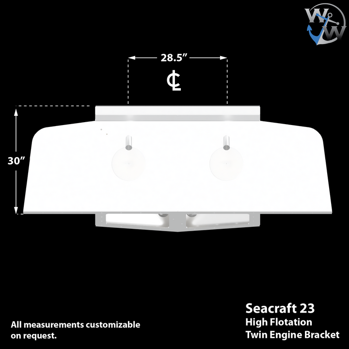 Diagram of the Seacraft 23 Twin Engine High Flotation Bracket, featuring dimensions of 28.5 inches in width and 30 inches in height. The design is customizable upon request, with a simple white silhouette on a black background