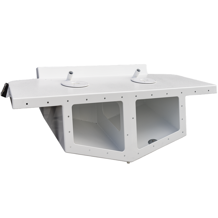 A white, high flotation bracket designed for twin engine seacraft, featuring two circular cutouts on the top and an open compartment underneath, showcasing its sturdy construction and functional design