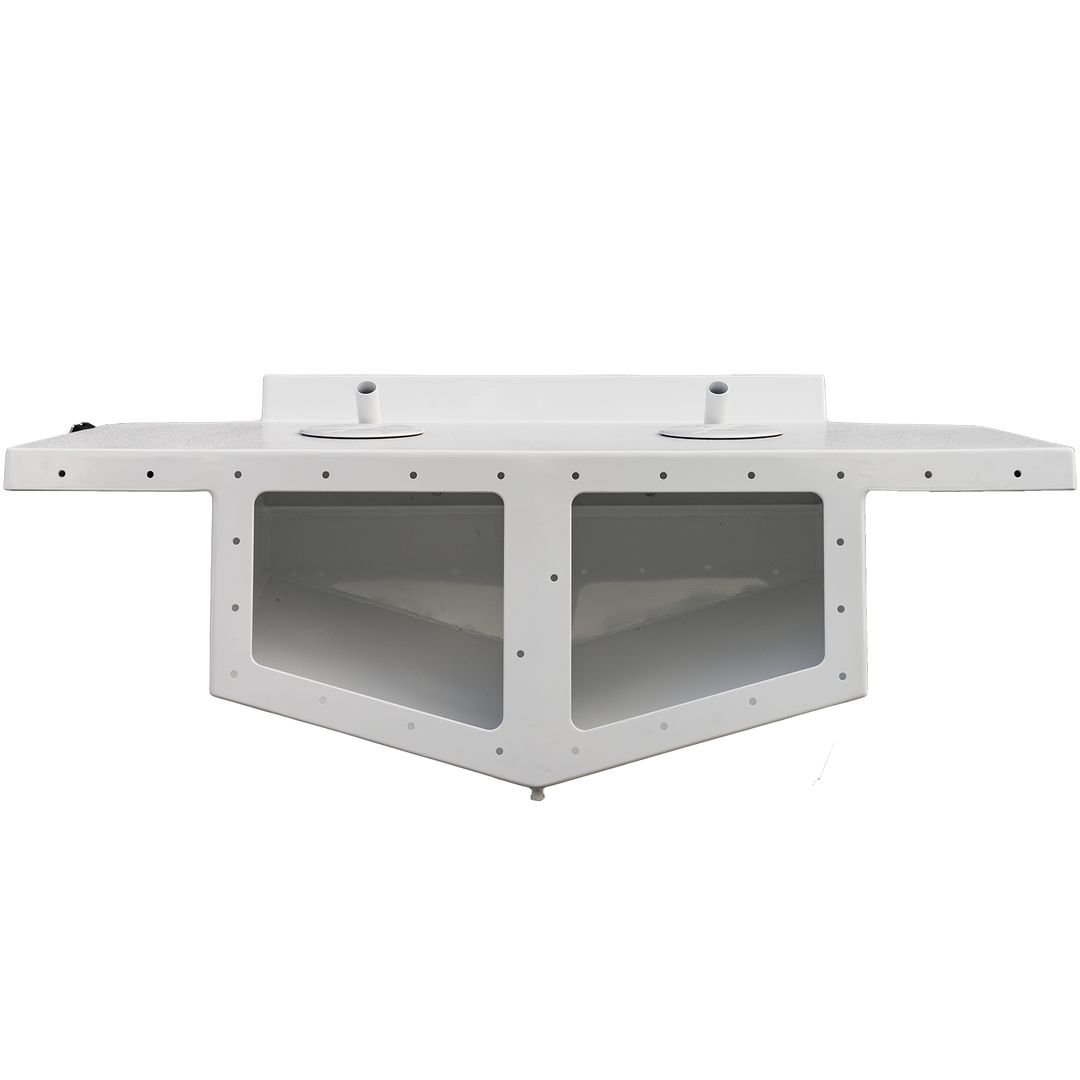 A Seacraft 23 twin engine high flotation bracket, featuring a sturdy design with two transparent compartments, mounted on a black and transparent background